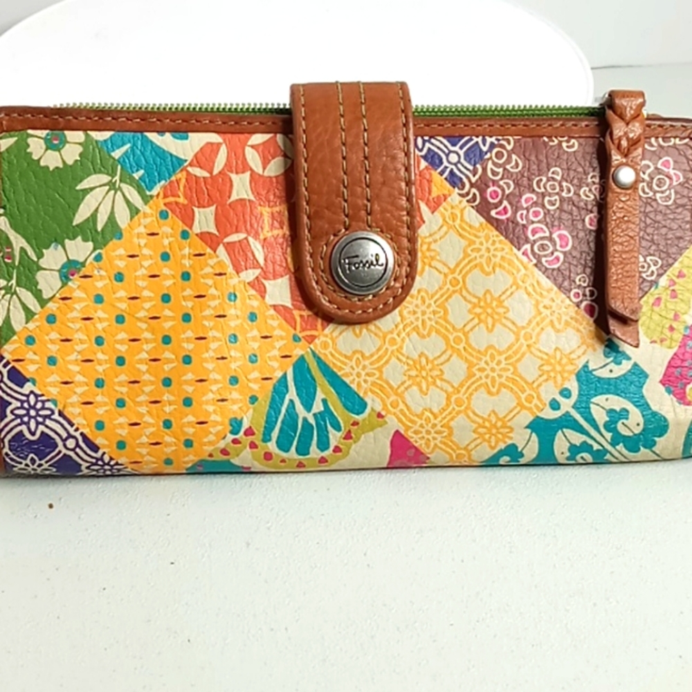 Fossil Multicolor Patchwork Print Leather Wallet with Brown Trim